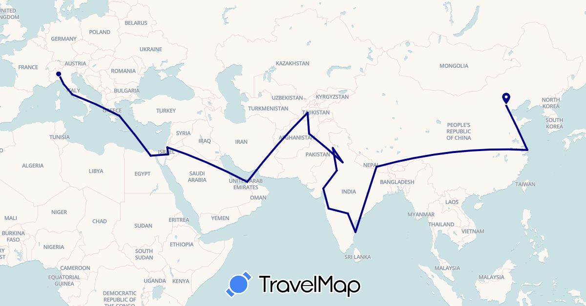 TravelMap itinerary: driving in United Arab Emirates, Afghanistan, China, Egypt, Greece, Israel, India, Italy, Jordan, Nepal, Tajikistan (Africa, Asia, Europe)
